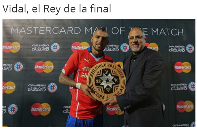 美洲杯颁奖：智利冠军 比达尔决赛MVP