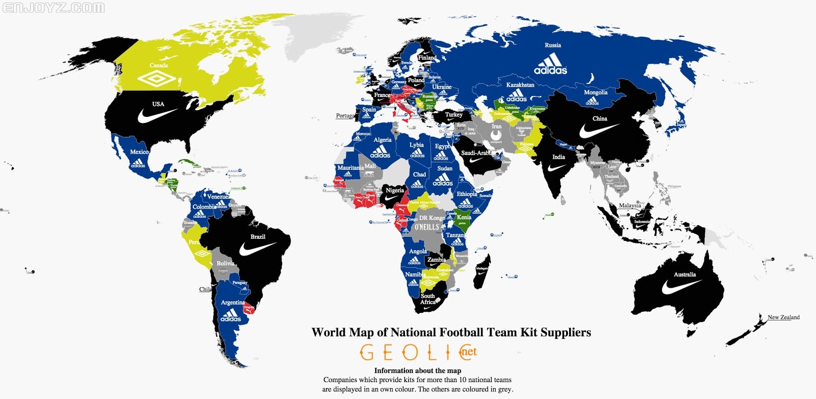 全球国家队装备品牌大搜罗 国家队装备品牌地图